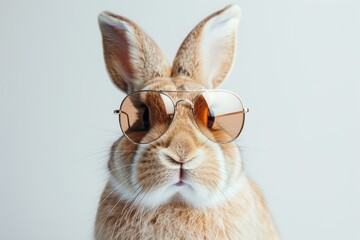 A domestic rabbit wearing stylish sunglasses poses against a clean white background with studio lighting and soft shadows