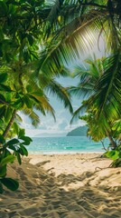 Wall Mural - Idyllic tropical beach scene framed by lush palm trees, perfect for exotic vacations and island getaways