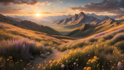 Wall Mural - A breathtaking sunset over a valley with rolling hills, wildflowers, and a dirt path leading into the distance.