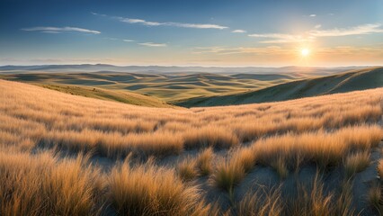 Wall Mural - A panoramic view of rolling hills covered in golden grass with a bright sun setting in the distance.