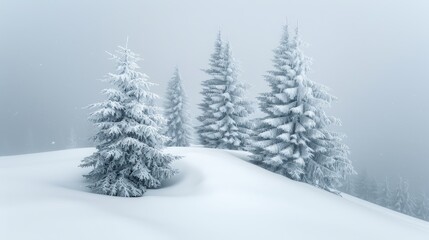 Canvas Print - Enchanting snow covered spruce forest amidst winter blizzard with soft white snowdrifts winter landscape banner