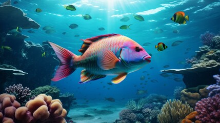Naklejka na meble Colorful tropical fish swimming among vibrant coral reefs in clear blue ocean waters with sunrays shining through