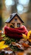 © LAJT - Miniature house wrapped in a red scarf, surrounded by autumn leaves, cozy fall setting