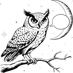 Wall Mural - Stylized Owl Illustration with Moon and Speech Bubble