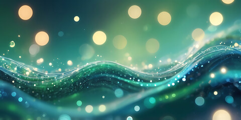 Wall Mural -  abstract background with green waves and sparkles, 3d render illustration,  Silk Luxury glitter background