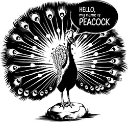 Wall Mural - Cartoon Peacock with Speech Bubble Introducing Itself