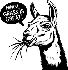 Wall Mural - Llama Cartoon with Speech Bubble Saying 'Grass is Great!'