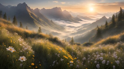 Wall Mural - A breathtaking sunrise over a valley filled with fog and wildflowers, with majestic mountain peaks rising in the background.