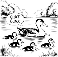 Wall Mural - Vector Illustration of a Duck Family Quacking in Water