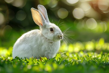 Wall Mural - White rabbit with long ears sitting peacefully on green grass in soft sunlight during a tranquil day