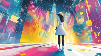 Wall Mural - Woman in White Dress Exploring Futuristic Neon Cityscape