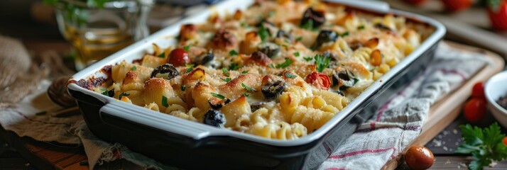 Wall Mural - Oven-Baked Pasta with Truffle Cream, Cheese, Olives, Chicken, and Vegetables Gratin in a Baking Dish