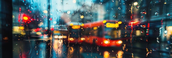 Poster - Raindrops on a bus window capturing reflections of nighttime vehicles and buildings in soft focus.