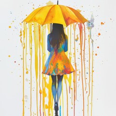 Wall Mural - An umbrella-holding woman or child during a downpour. Drawing style image with paint drips. Illustration for covers, cards, postcards, interior designs, decors, and prints.