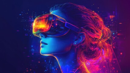 Wall Mural - Futuristic Woman with VR Headset in Neon Colors Digital Art