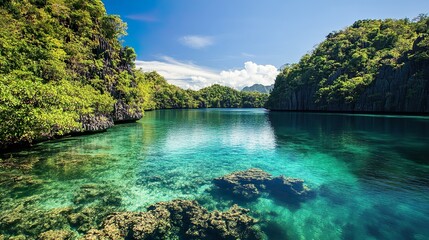 A beautiful lake surrounded by trees and rocks