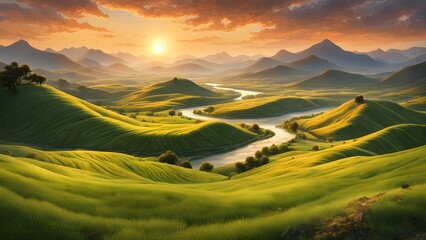 Wall Mural - A winding river flows through a valley of rolling green hills at sunset, with the sun shining brightly behind the mountains in the distance.