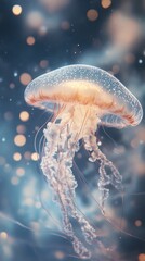 Wall Mural - Jellyfish glowing underwater with bokeh effect, ethereal marine life concept