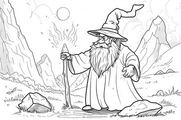 An elderly male wizard with a long beard stands in a mystical landscape, casting a spell with a staff, showcasing his magical prowess.