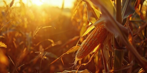 Wall Mural - Close up of a corn cob in a sun drenched cornfield