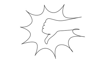 Leinwandbilder - Thumbs down in one continuous line drawing. Hand showing unlike and dislike sign in simple linear style. Negative finger in editable stroke. Doodle outline vector illustration