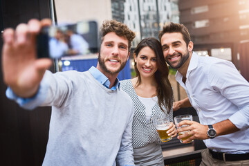 Wall Mural - Business people, happy or outdoor selfie for team event, social media and party on rooftop. Colleagues, beer and celebration of company success, goals or hard work by drinking together on balcony