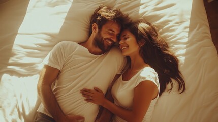 Wall Mural - Couple enjoy a serene moment together on a plush bed during golden hour in a cozy bedroom setting