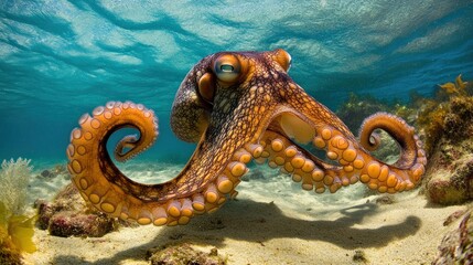 Poster - An Octopus with Large Eyes Swimming in Shallow Water