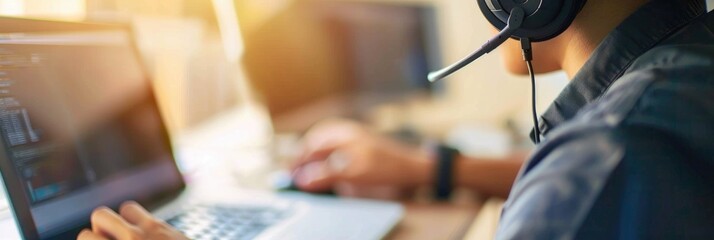 Canvas Print - Person working with a laptop and headset in a workspace.