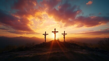 Three crosses silhouetted against a breathtaking sunset