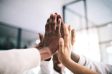 Sticker - Hands, high five and success with team of business people closeup in office for motivation or support. Celebration, collaboration and partnership with employee group in workplace for goals or target