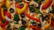 © Coppi AI - a close-up, top-down view of vegetarian pizza, filling the entire frame with the focus on the colorful vegetable toppings