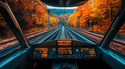 View from inside the train on the flight and autumn landscape