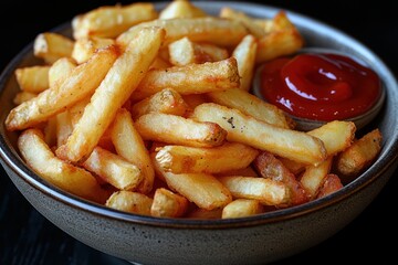 Wall Mural - Golden French Fries in a Bowl with Ketchup