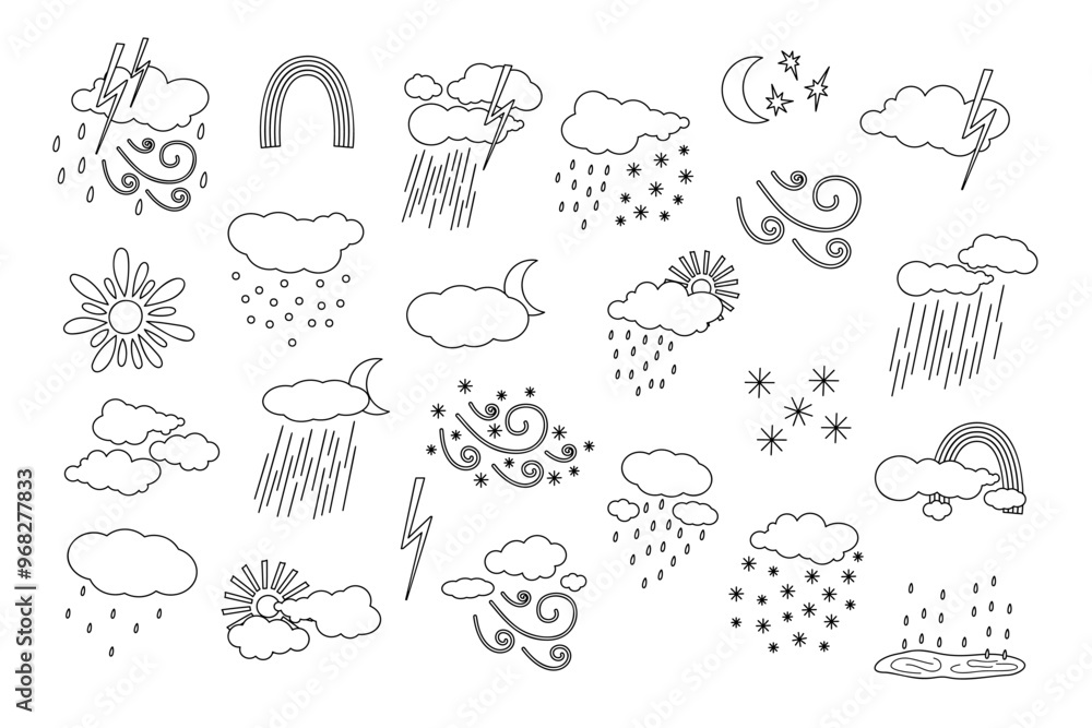 Weather elements set sun, wind, rain, fog, clouds cute hand drawn ...