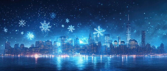 A Snowy Night Skyline of a City with Illuminated Buildings