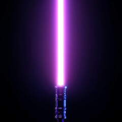 Purple lightsaber glowing in dark background. Science fiction concept of energy weapon