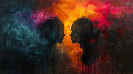 Canvas Print - Abstract Painting of Two Silhouettes Facing Each Other