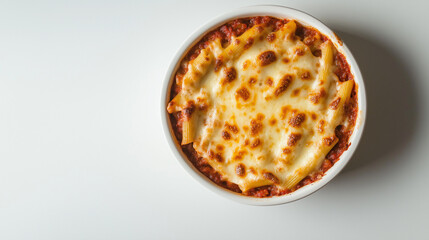 pasta al forno with baked ziti, marinara sauce, and melted mozzarella against an isolated white background