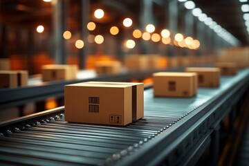 Closeup of multiple cardboard box packages seamlessly moving along a conveyor belt in a warehouse fulfillment center, a snapshot of e-commerce, delivery, automation and products. 