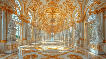 Golden Hallway With Statues and Chandeliers in a Grand Palace 