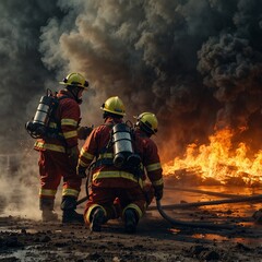 Three firefighters battling a fierce blaze amid thick black smoke.