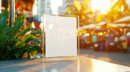 A clear display holder stands on a table in a bustling market during sunset, with vibrant stalls and soft sunlight illuminating the scene.