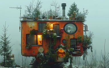 a unique, whimsical house with a rusty orange exterior, surrounded by trees and fog, with windows gl