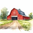 © Qstock - Watercolor Illustration of a Rustic Red Barn on a Farm with Open Fields and Trees