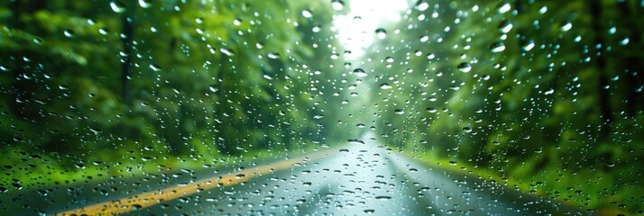 Wall Mural - Raindrops on a moist windshield beside the road