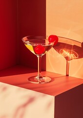 A martini glass with two cherries on a pink and red background.