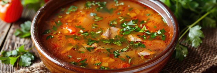 Canvas Print - Solyanka Soup: A Classic Recipe with Ham, Tomatoes, Cheese, and Greens