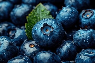 Wall Mural - Fresh blueberries glistening with droplets, showcasing their rich color and texture, perfect for health and nutrition themes.