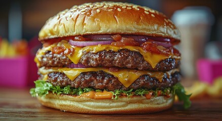 Wall Mural - Double Cheeseburger with Lettuce, Tomato, and Onion